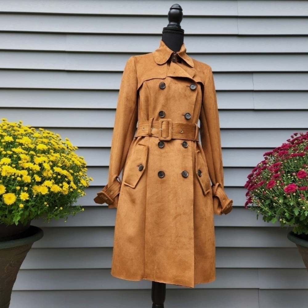 Faux-Suede Belted Trenchcoat - Brown